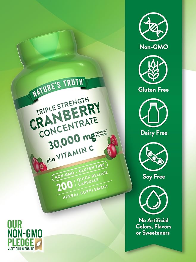 Nature's Truth Cranberry Concentrate Pills | Plus Vitamin C | 30,000mg | 200 Quick Release Capsules | Non-GMO & Gluten Free Supplement