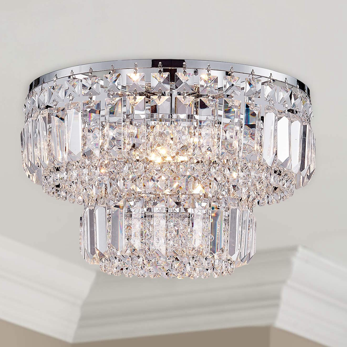 Bestier Modern Chrome Crystal Flush Mount Chandelier Light, Led, 13 X 9, 4 G9 Bulbs Required, Ideal For Dining Room, Bathroom, Living Room
