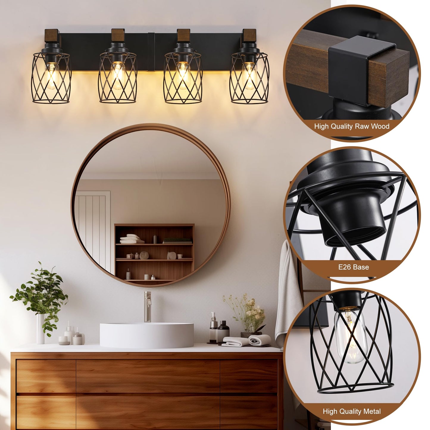 Xvmbvm Farmhouse Bathroom Vanity Light  4-Light Wood Bathroom Light Fixtures Over Mirror  Black Industrial Vanity Lights With Metal Shade  Rustic Bathrooms Lighting For Living Room  Bedrooms  Hallway