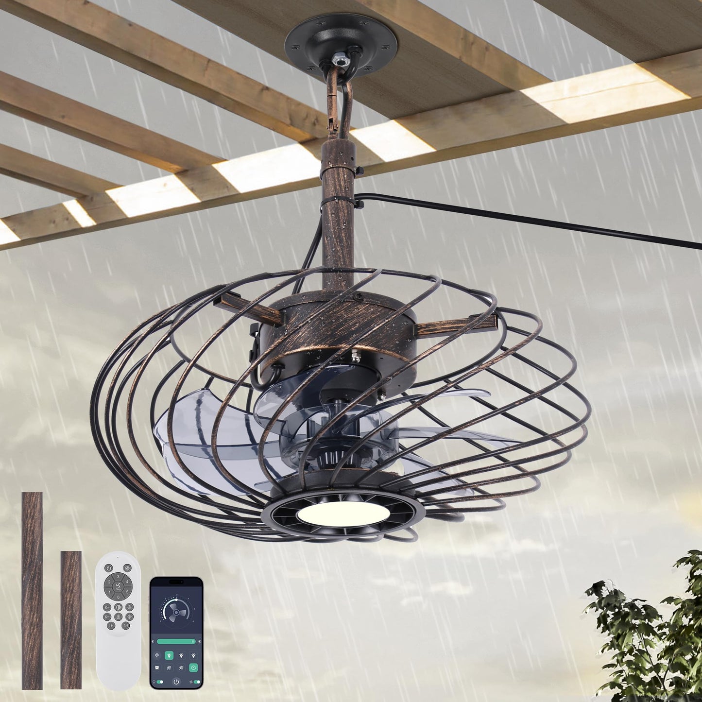OSGNER 15in Outdoor Ceiling Fan with Light, Waterproof, Remote Control, Dimmable LED, Black Gold, Model F429-SG