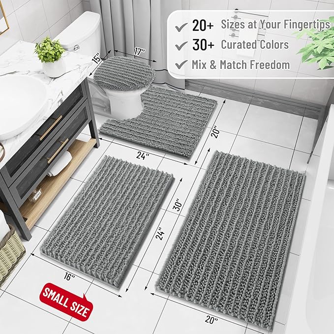 Arotive Luxury Chenille Bathroom Rug Mat, Extra Soft Thick Absorbent Shaggy Bath Rugs, Non-Slip Machine Wash Dry, Plush Bath Mats for Bathroom, Shower and Tub, 47x32, Grey
