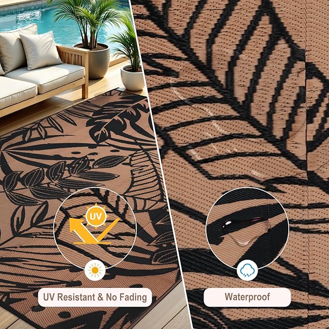Anidaroel 8x10 Leaf Outdoor Rug for Patios Clearance, Waterproof Camping Rug for Outside RV, Reversible Plastic Straw Outside Area Rugs for Garden, Camper, Picnic, Beach(Black/Brown,8'x10')