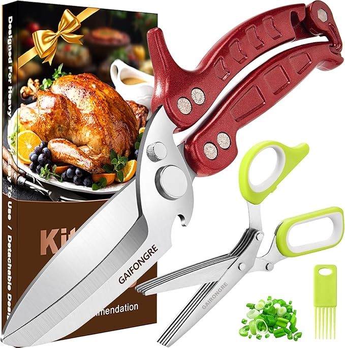Heavy Duty Poultry Shears 2pcs Set, Kitchen Shears for Food, All Purpose, Chicken, Meat, Herb Salad Scissors for Chicken Turkey, Dishwasher Safe