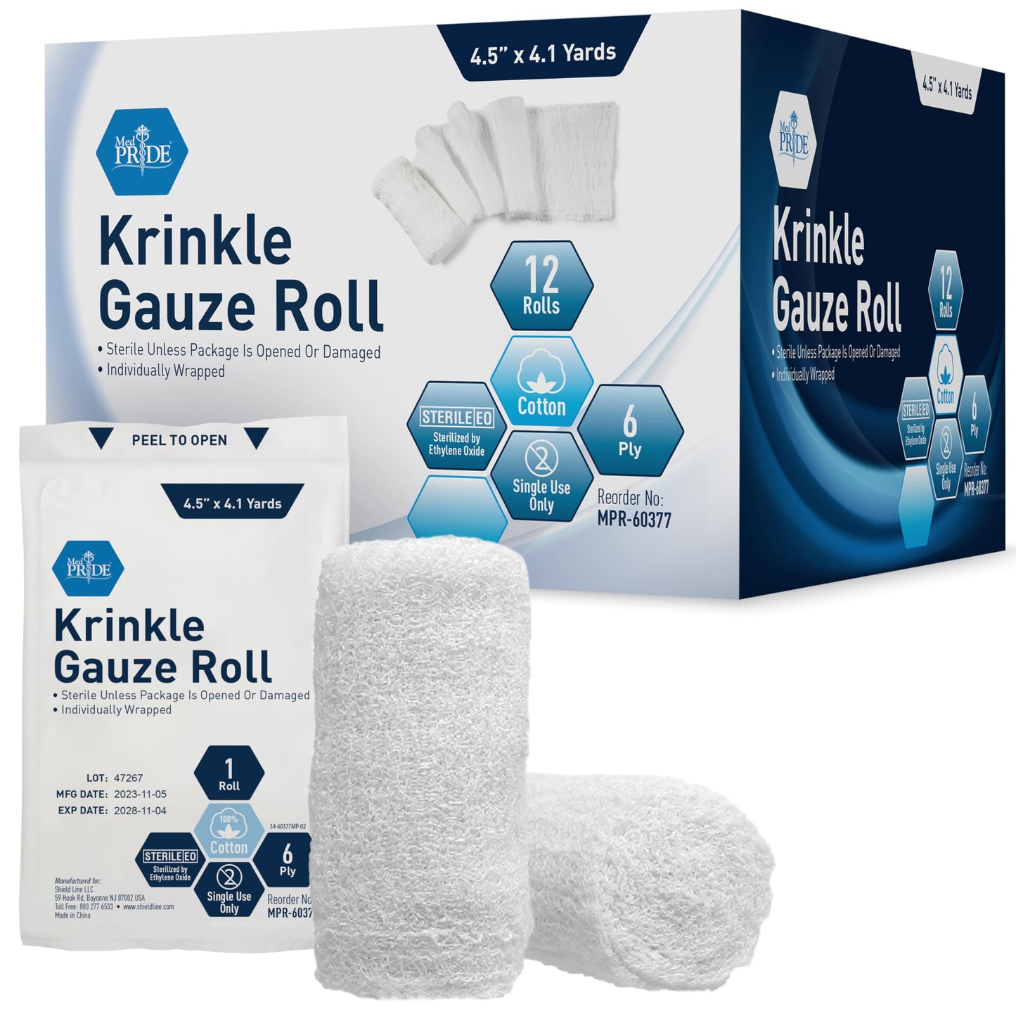 MED PRIDE Sterile Krinkle Gauze Roll 4.5in X 4.1yd 6 Ply Highly Absorbent Cotton Roll Gauze Individually Wrapped Wound Dressing (12 12 Count (Pack of 1))