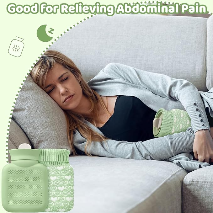 Amylove Mini Hot Water Bottle 320ml for Hot & Cold Compress with Cover Silicone Microwave Heating Small Water Bag for Travel Pain Relief Holiday Gifts(Green)