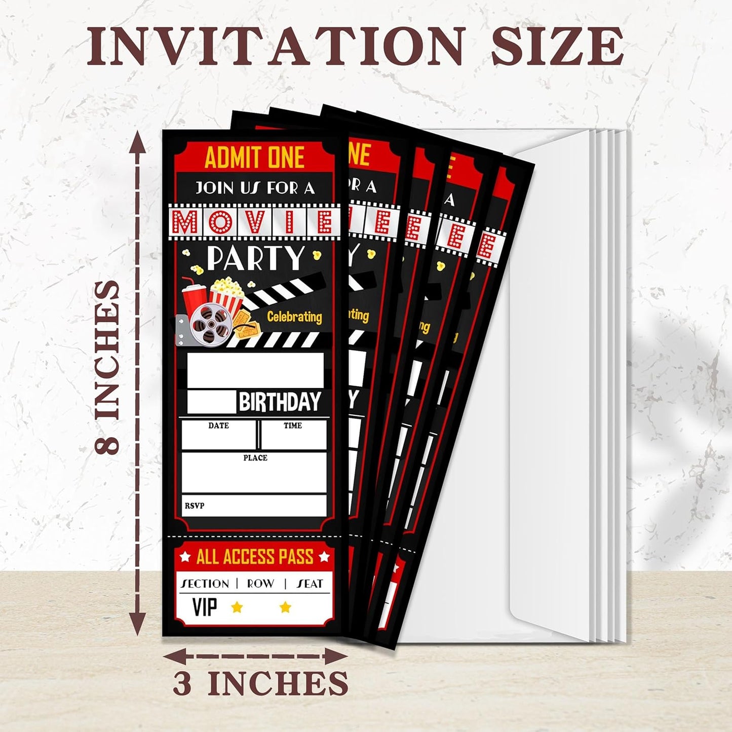 Birthday Cards-20 Movie Party Ticket Invite Cards-Red and Black Birthday Invitation with Envelopes for Movie Lovers-Celebration Party Favor & Supplies (3×8 inch)-A18