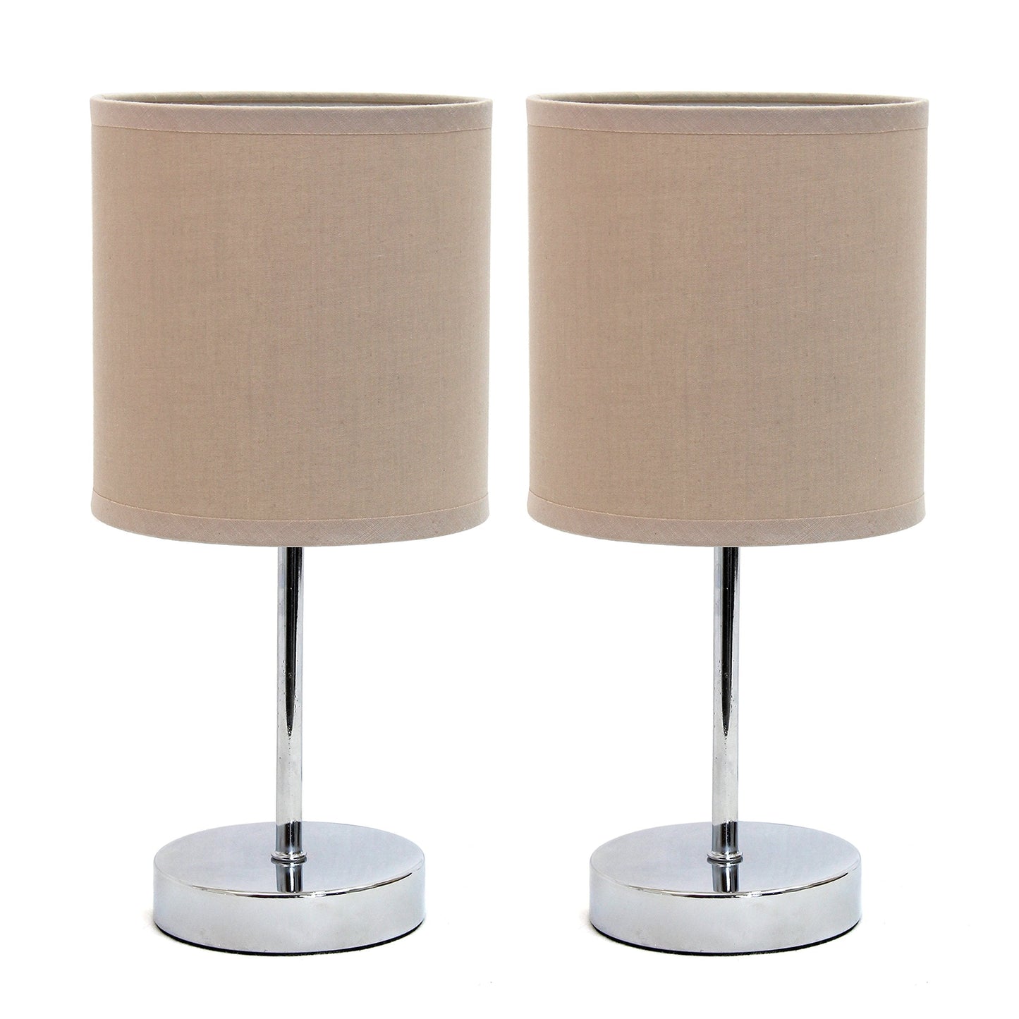 Simple Designs Chrome Mini Basic Table Lamp 2 Pack Set, Fabric Shade, Gray, Model LT2007-GRY-2PK, No Bulb Included