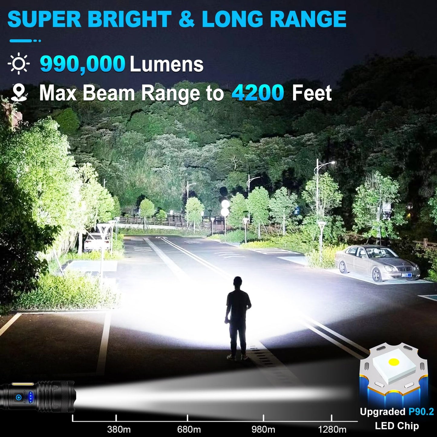 Alicegirl Rechargeable Flashlight, 99000LM, 8 Modes, Waterproof, Aluminum, Model M111-COB, Black