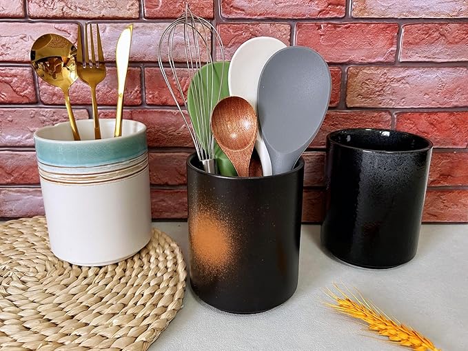 Short Kitchen Utensil Holder for Kitchen Counter Cooking Utensil Holder for Countertop Spatula Holder Small Utensil Crock Cutlery Holder Silverware Caddy Flower Vase (Firework)