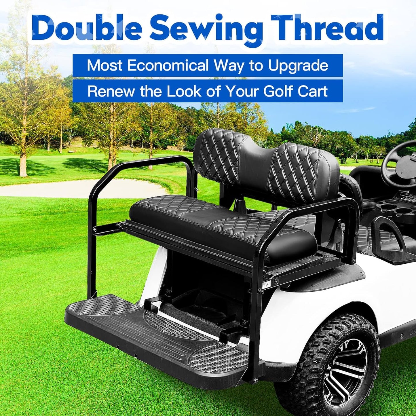 NOKINS 4PCS Golf Cart Diamond Seat Covers Kit, Front and Rear Seat Covers Fits EZGO Freedom TXT-T48 2014+ Standard Seat Cushion, Durable Breathable Vinyl (Black&Black Stitching)