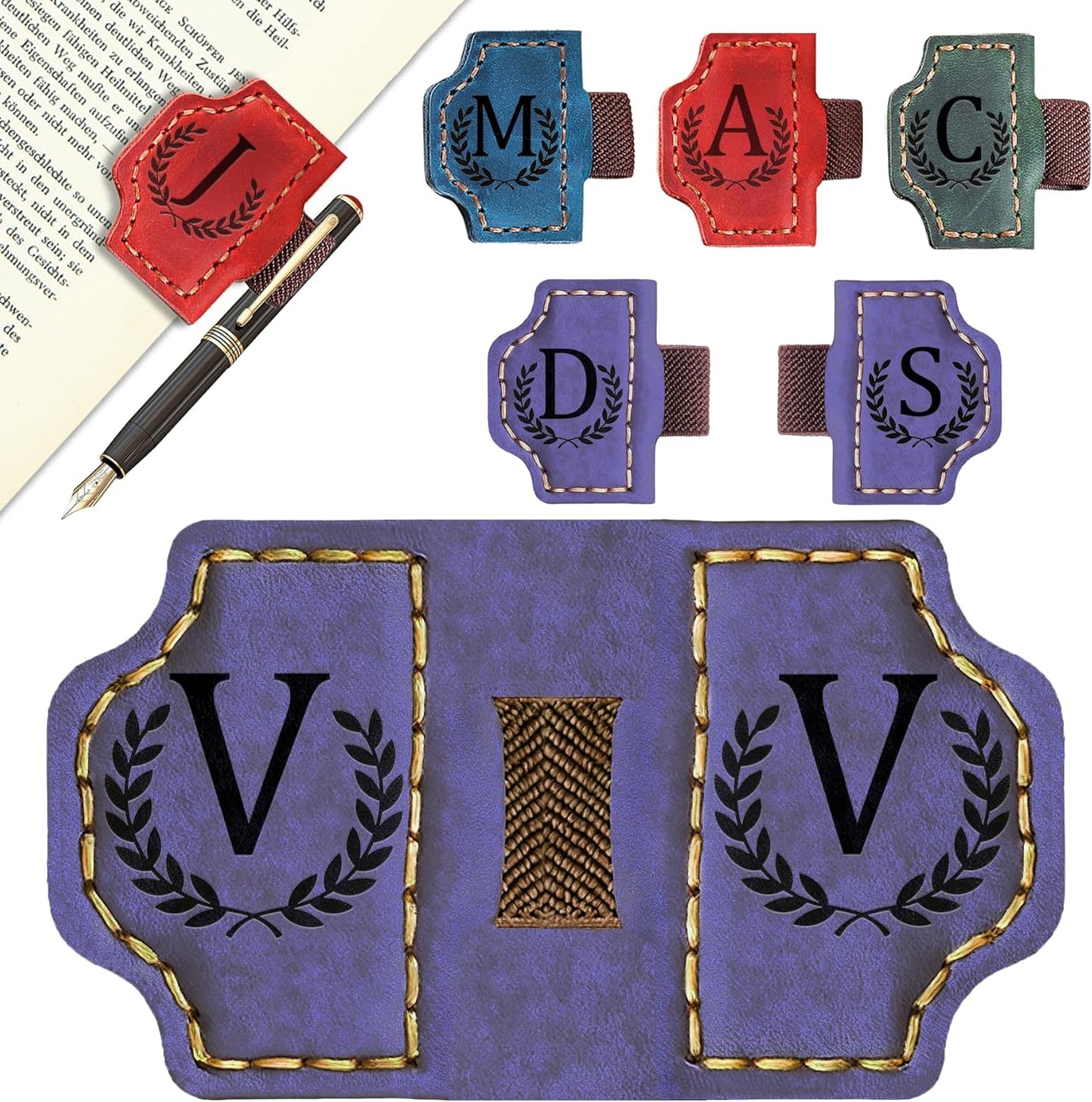 Bygone Mark Bookmark with Pen Holder, 26 Letters Name Initial Personalized Magnetic Bookmarks, Leather Book Mark for Men Women, Travelers Accessories, Teachers Readers Book Lovers Gifts (Purple, V)