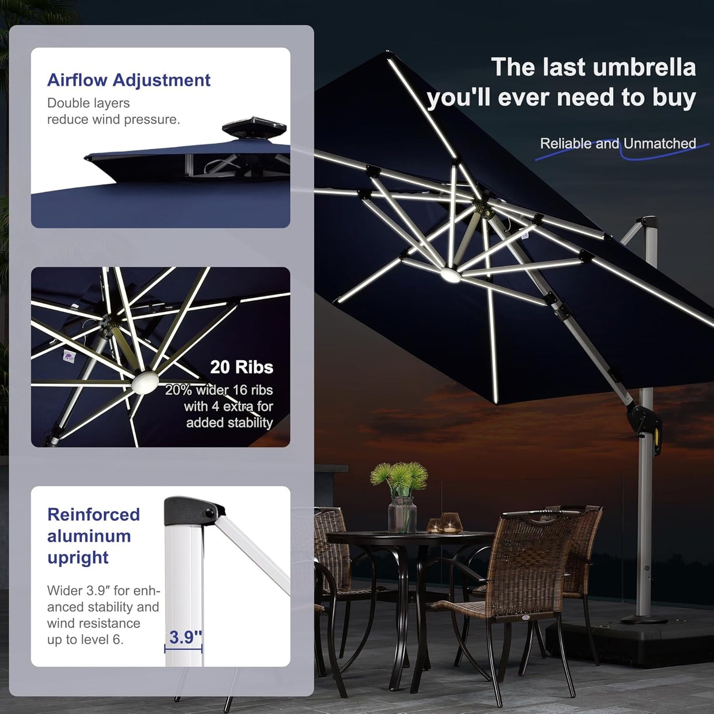 PURPLE LEAF 9 Feet Double Top Deluxe Solar Powered LED Square Patio Umbrella Offset Hanging Umbrella Outdoor Market Umbrella Garden Umbrella, Navy Blue