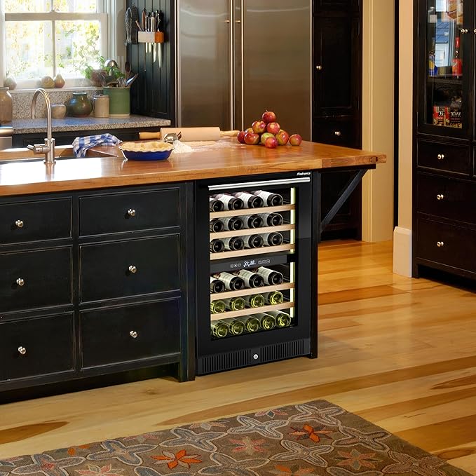 24 Inch Dual Zone Wine Refrigerator, 51 Bottles Under Counter Built-In or Freestanding Wine Cellar, Wine Cooler with Quiet Compressor Cooling and Reversible Glass Door, Fits Large Bottle