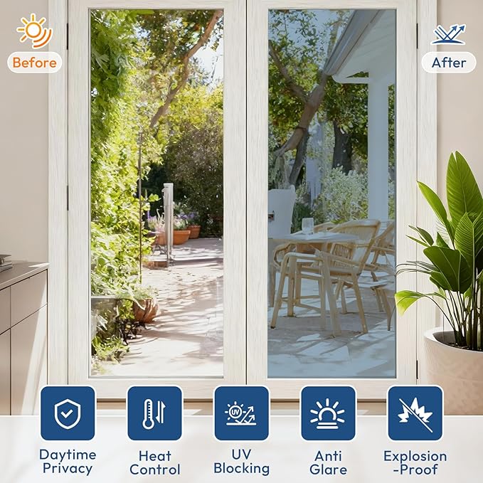 rabbitgoo Window Tint for Home One Way Privacy Window Film See Out Not in Heat UV Blocking Reflective Removable Static Cling Mirror Decorative House Glass Covering, Silver,35.4 Inch X 13.1 Feet