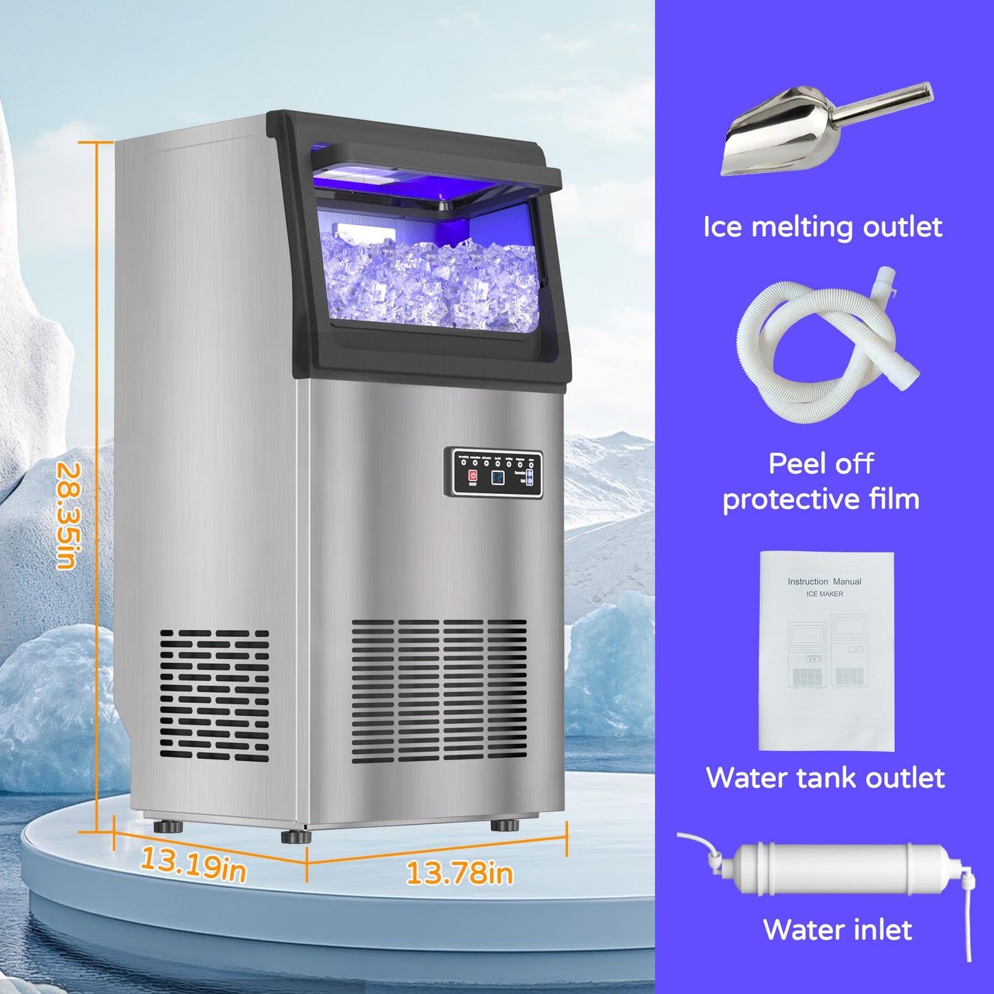 Commercial Nugget Ice Maker 80Lbs/24H with 20Lbs Storage, Stainless Steel Pellet Ice Machine,Soft Chewable Ice Maker Self-Cleaning for Office & Home Restaurants Bars