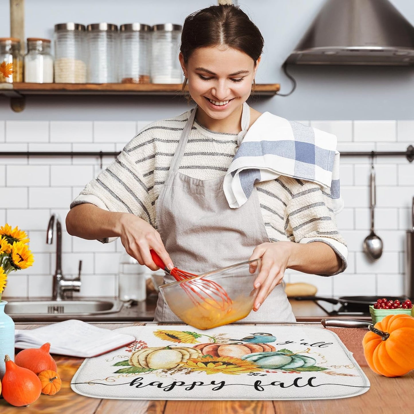 Sanwarm Absorbent Dish Drying Mat, Happy Fall Pumpkin Microfiber Pad for Kitchen Counter, Autumn Thanksgiving Fruit for Coffee Bar Decor, Heat Resistant and Reversible, 18" x 24"