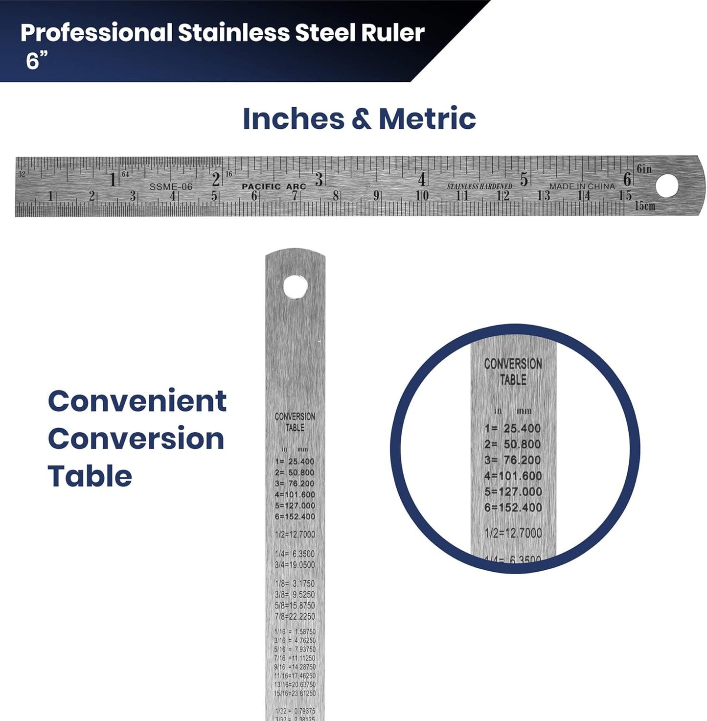 Pacific Arc 6 Inch Stainless Steel Ruler with Inch/Metric Conversion Table, 2 Pack