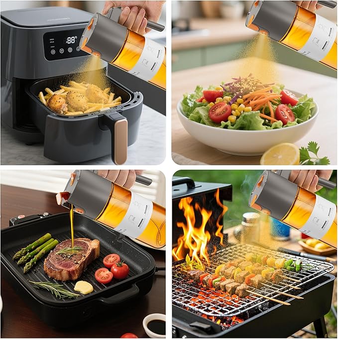 Upgrade 2 in 1 Oil Sprayer for Cooking, Olive Oil Dispenser Bottle for Kitchen Gadgets with Stickers, 17oz/500ml Food Grade Light-Blocking Glass Spray Bottle for Salad, Air Fryer, BBQ