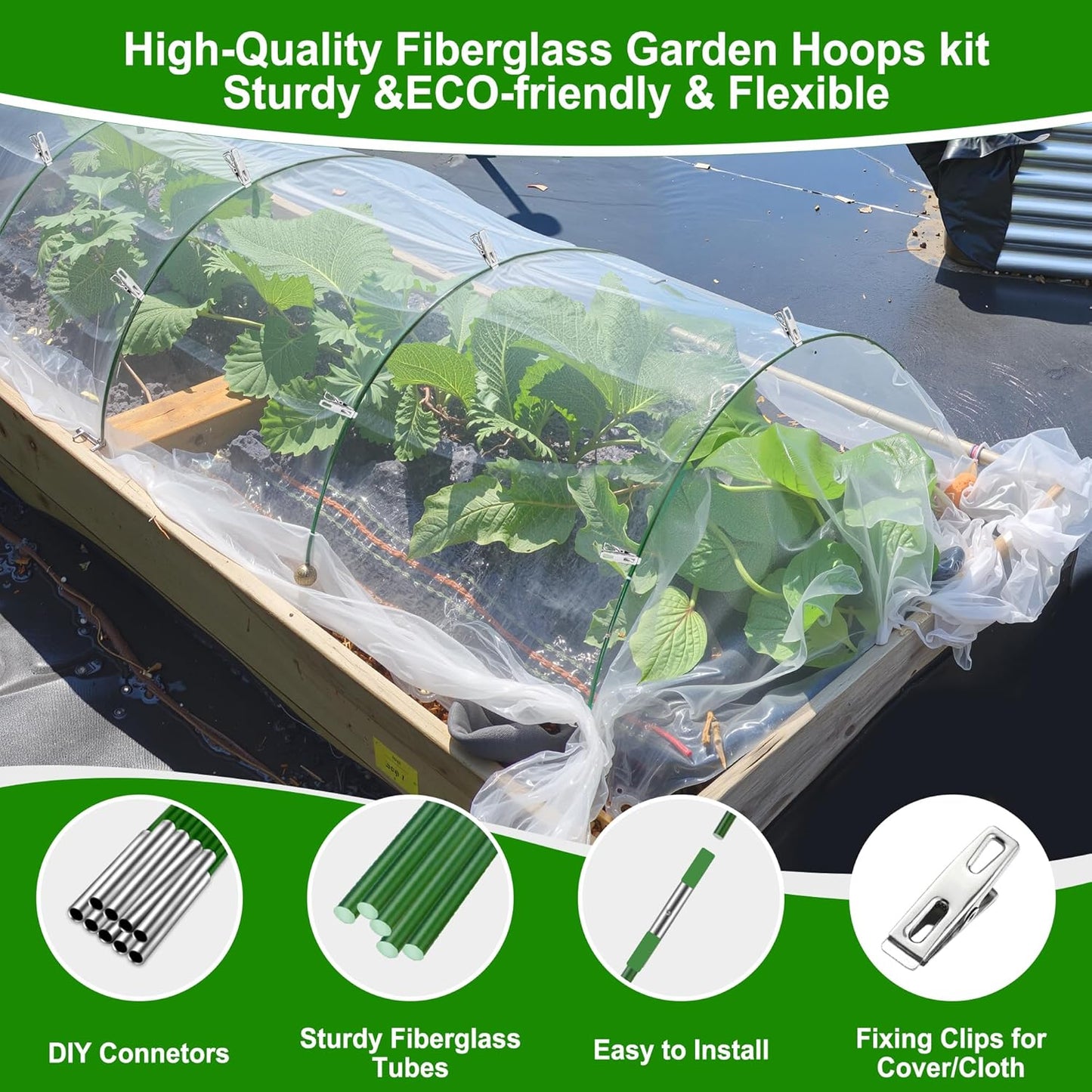 FOTMISHU Garden Hoops for Raised Beds Row Cover,6 Sets 8.4ft Grow Tunnel,Rust-Free Fiberglass Greenhouse Support Hoops Frame for Garden Mesh Netting, Outdoors Plant Growth -36PCS