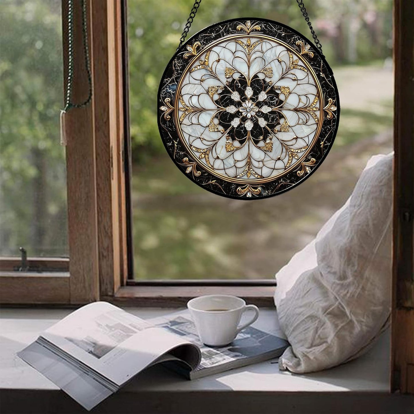 Stained Glass Window Hanging, Black and White Gold Boho Pattern Suncatcher for Doors Window Home Abstract Flower Sun Catchers Decor Mother's Day Birthday Gifts for Women, Men Mom 7.8 in