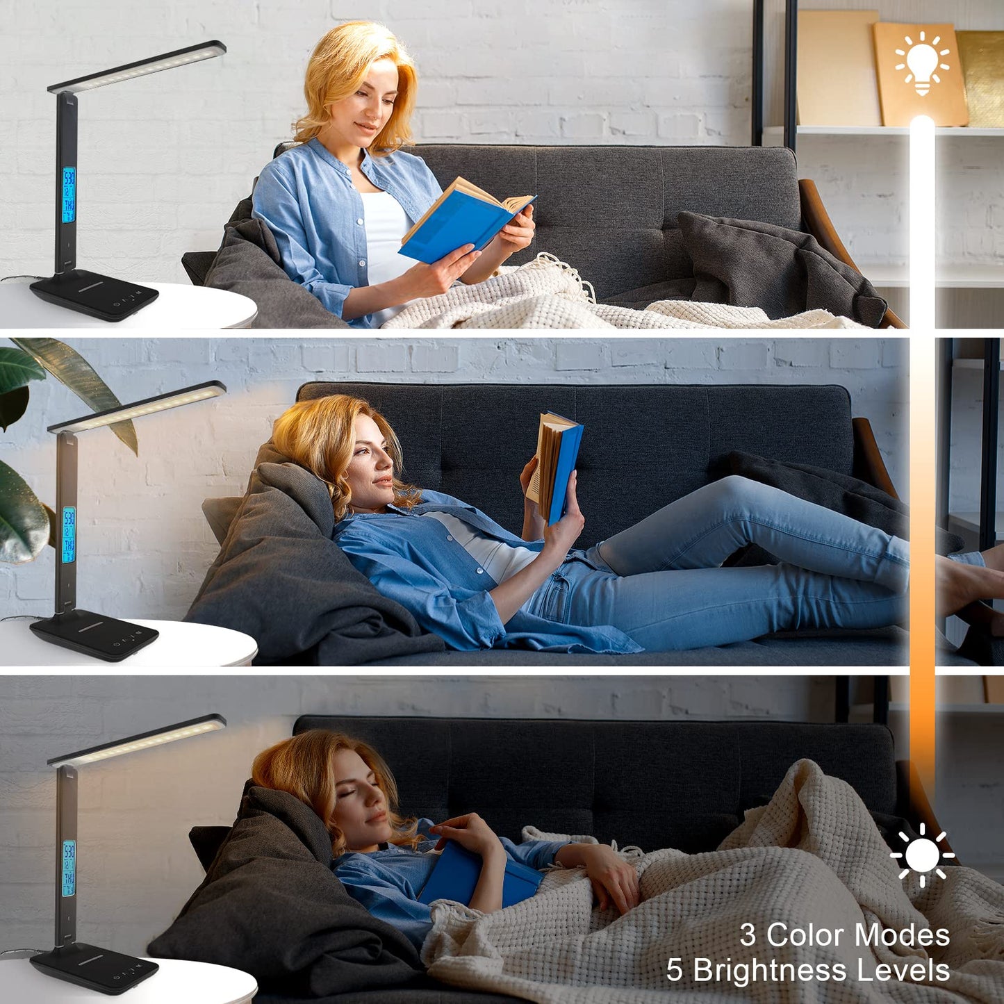 snsok Desk Lamp with Wireless Charger, USB Port, Dimmable, Clock, Alarm, Temperature, Foldable, Black, Model TX26C