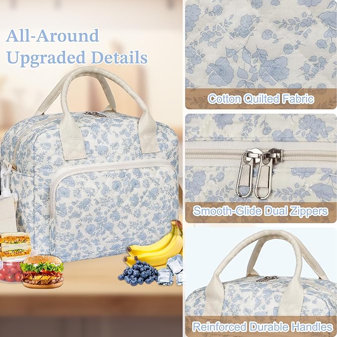 Quilted Lunch Box for Women,Large Blue Floral Insulated Lunch Bag for Adult,Cute Lunch Tote Bags for Work Picnic Travel (Blue Floral,M)