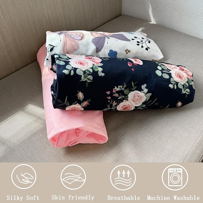 AMROSE 3 Pack Heavenly Soft Crib Sheets for Baby Girls, 28'' X 52'' Fitted Sheets for Crib and Toddler Mattress Pad, Silk Touch Gentle Breathable Microfiber, Floral & Butterfly