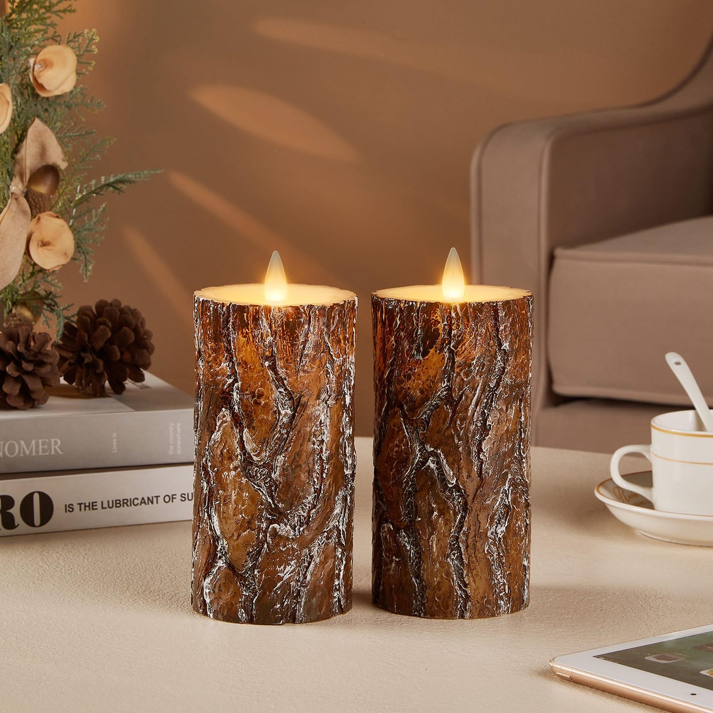 CozierGlow Pine Flameless Pillar Candles Flickering with Remote Timer, Battery Operated LED 3D Moving Flame Real Wax Candles, Set of 2, D3 x H6,Remote Included (Pine)