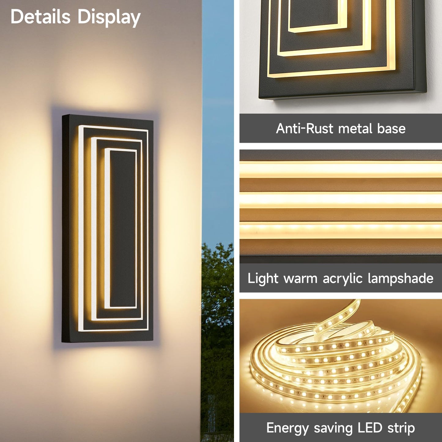 Zsmaiku 3-Tier 15.7 In Outdoor Light Fixture Black Exterior Wall Light Led Modern Wall Sconce Waterproof Outdoor Garage Lighting 24 W Front Door Light 3000K Warm White Acrylic Wall Lamp 2 Pack