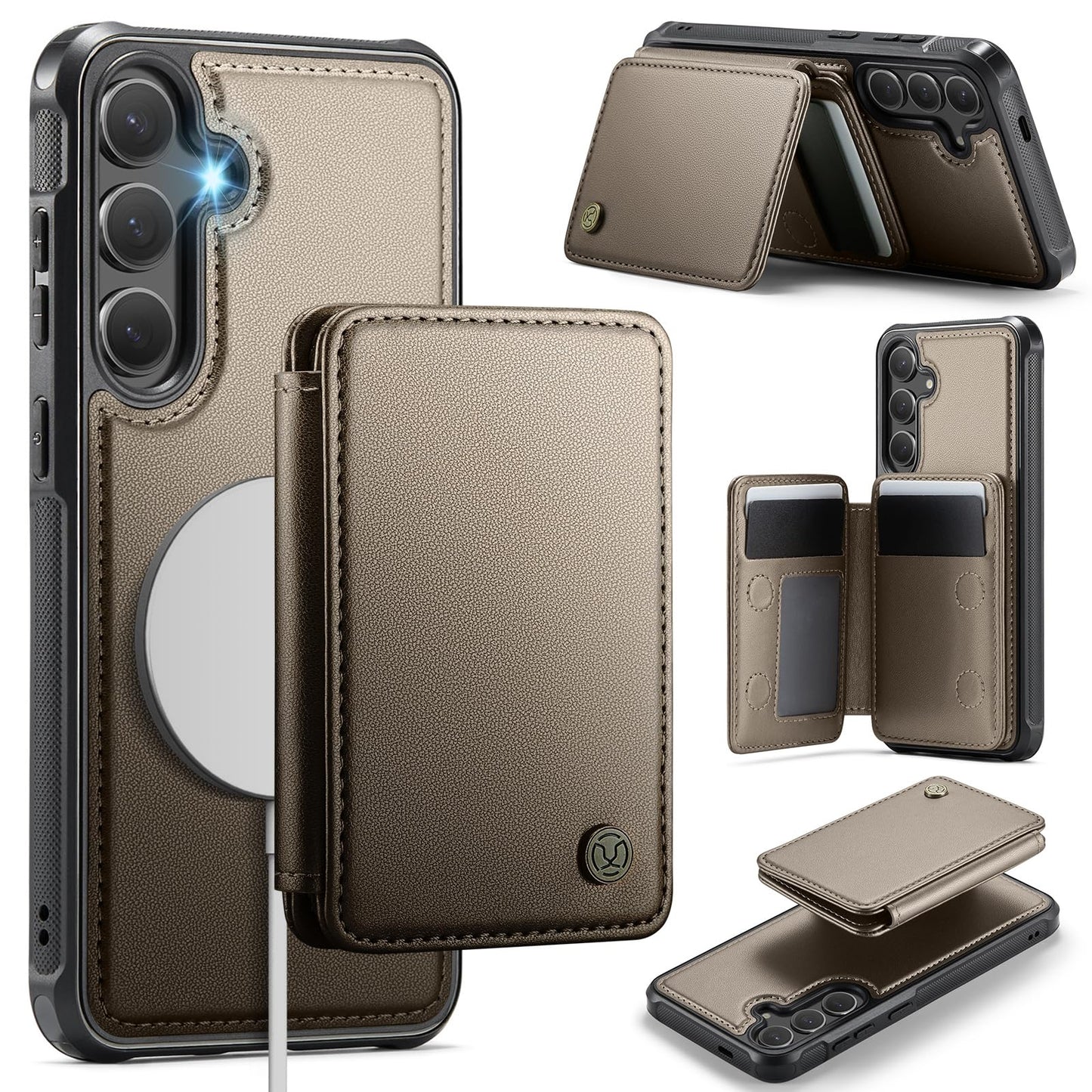 Usroom Compatible with Magsafe for Samsung Galaxy S25 Wallet Case Magnetic Card Holder, RFID Blocking 2 in 1 Detachable Kickstand Shockproof Case for Women Men, Bronze Gold -Like New