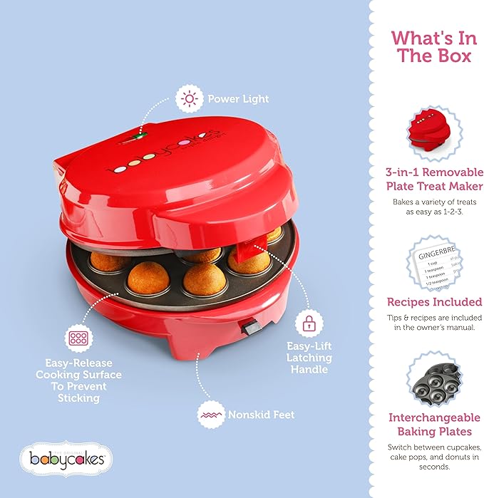 Babycakes 3-in-1 Removable Plate Treat Maker - Baking Gadgets for Cake Pops, Cupcakes & Donuts - Mini Kitchen Appliance & Baking Tool - Gift for Bakers - Includes Non-Stick Baking Plates