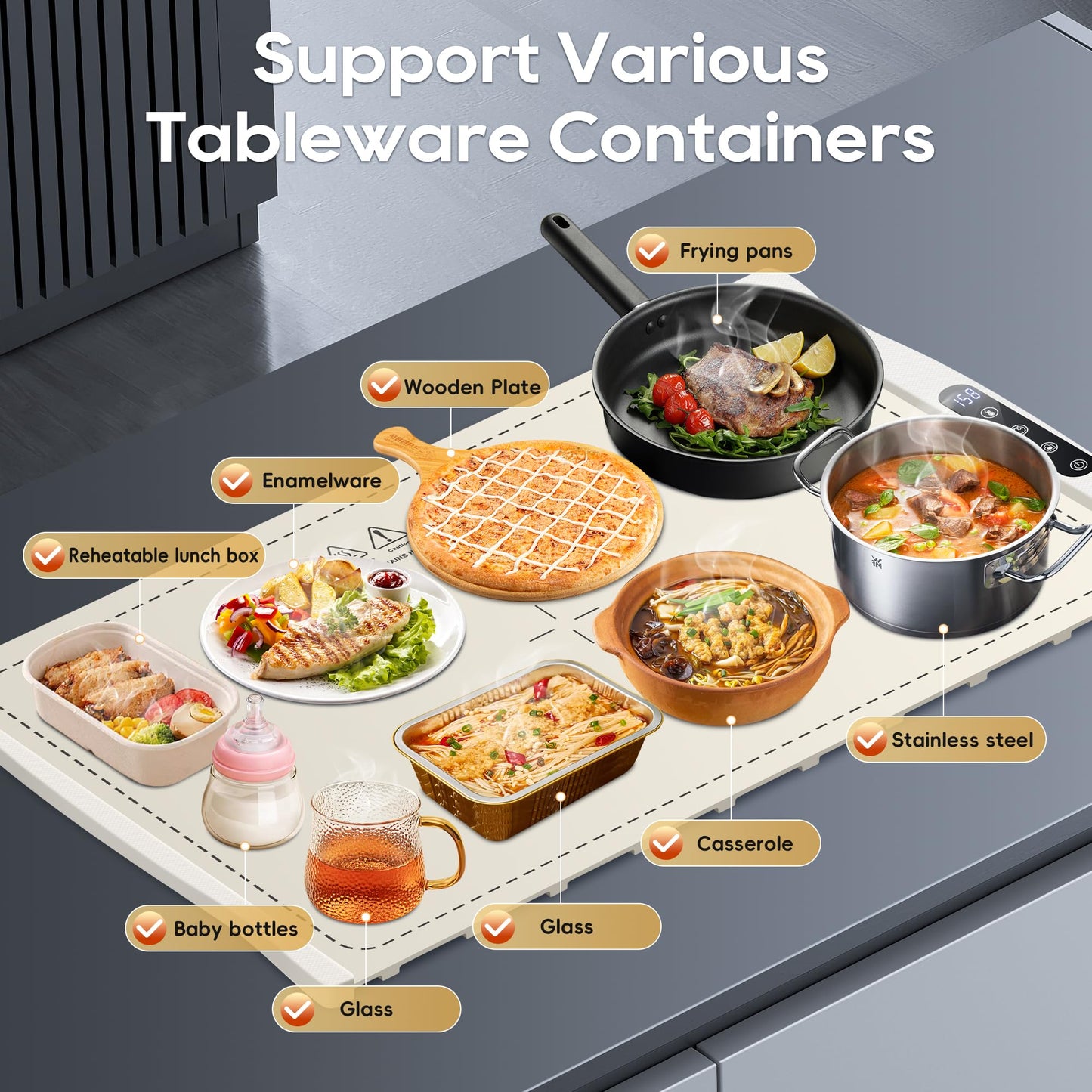VIPDIGI Food Warming Mat, Large Electric Warming Tray, Silicone Fast Heating Warmer Pad, 6 Temp Adjustable, 6 Timer & Safety Lock, Auto Shut-Off for Countertops Buffets Party White