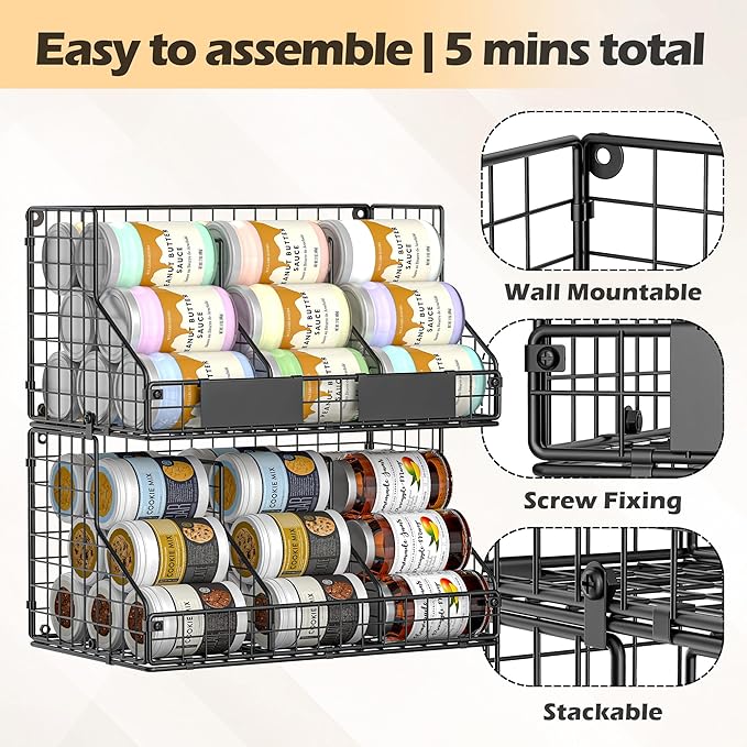 2-Tier Stackable Pantry Organizers and Storage, Can Organizer for Pantry and Soda Can Organizer, Metal Wire Rack with 4 Adjustable Dividers Holds 60+ Cans for Cabinet Countertop