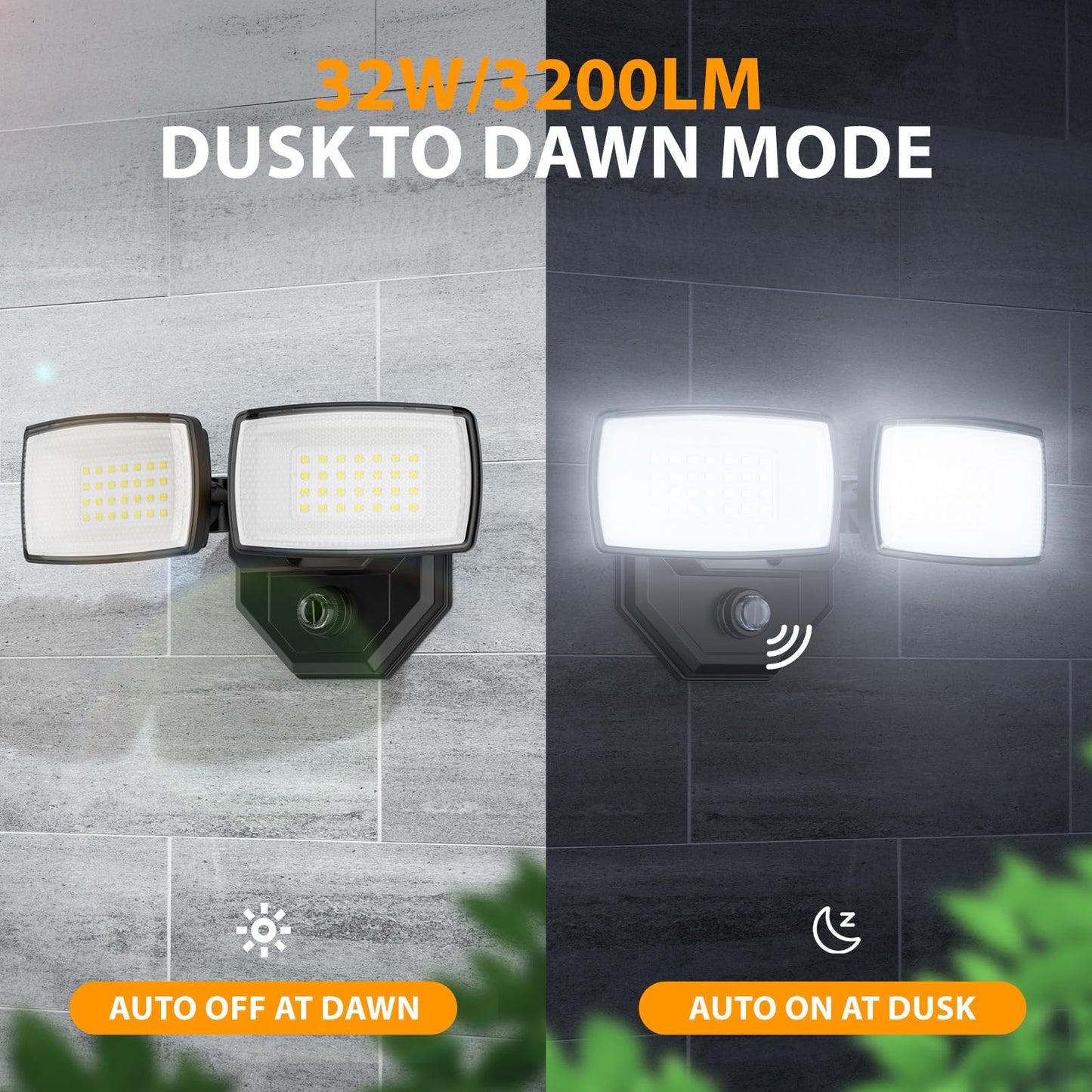 Onforu 32W 3200Lm Dusk To Dawn Outdoor Lighting 6500K Dual-Head Flood Light Outdoor With Photocell Ip66 Waterproof Security Lights Exterior Daylight Off And Night On Black Wall Light For Patio Garden