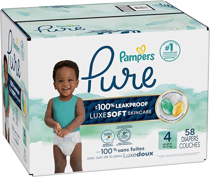 Pampers Pure Protection Baby Diapers, Size 4 (22-37 lbs), 58 Count, Up to 100% Leakproof, Premium Plant-based Skin Protection, Hypoallergenic Soft Diapers
