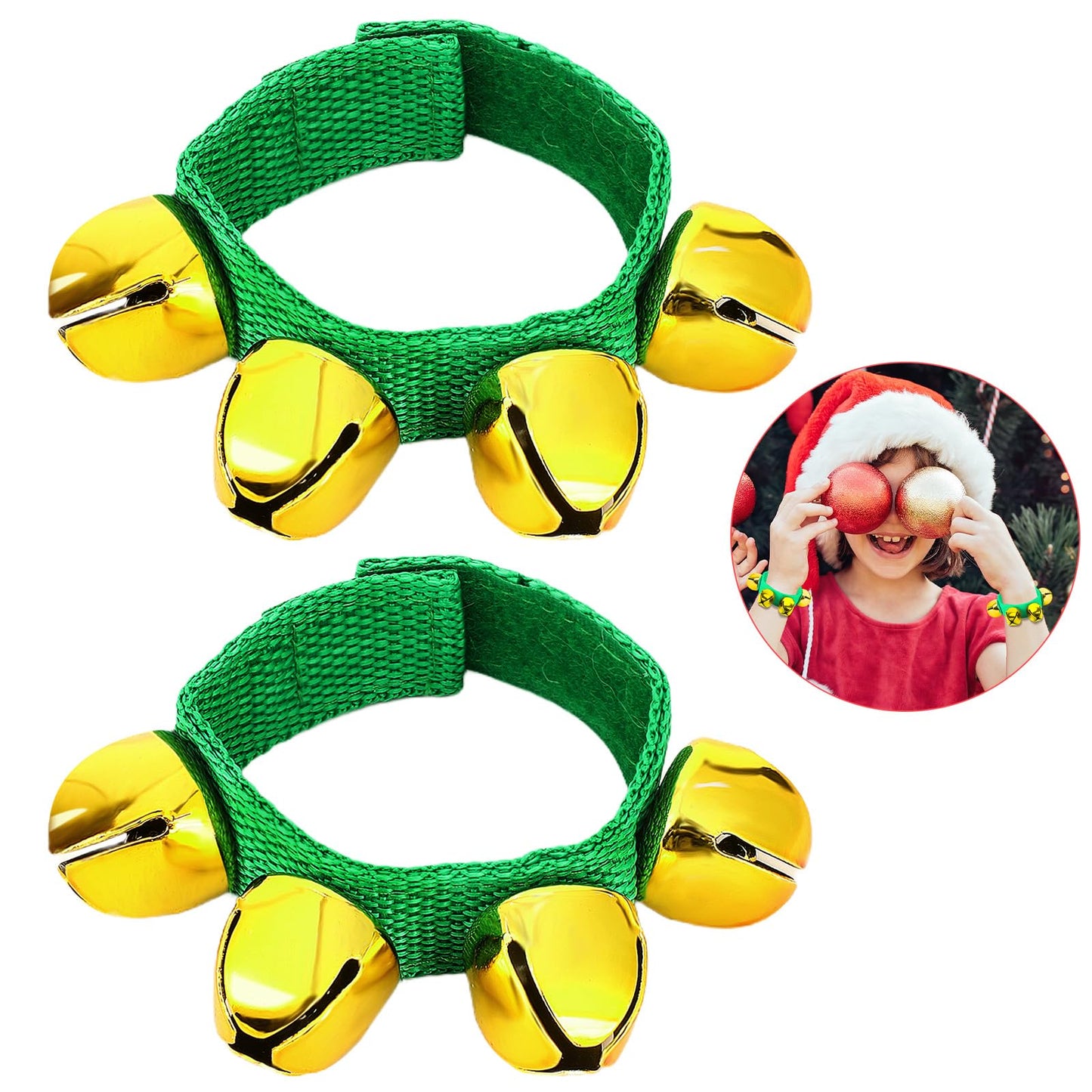 Augshy 2 Packs Christmas Hand Bells, Green Wrist Band Jingle Bells Bracelets with Gold Bells Hand Ankle Bells Classroom Bell Mus