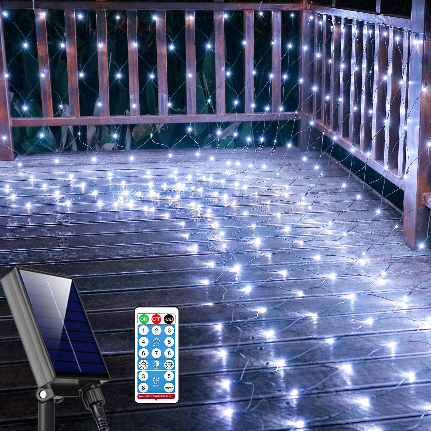 HEYCOLOR Solar Net Lights, 360 LED Cool White Mesh String Light, 21ft x 5ft, Waterproof, Green Wire, Remote Control
