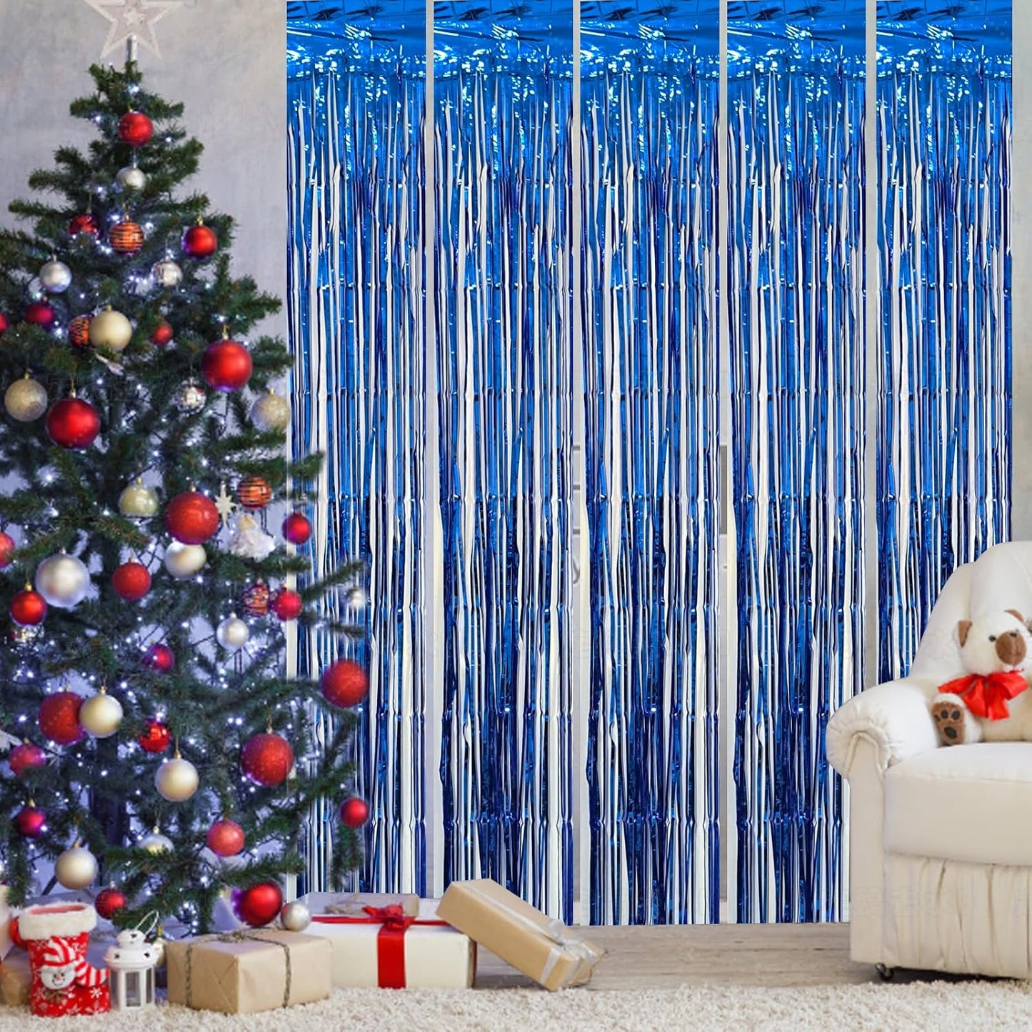 5 Pack Blue Foil Curtain Backdrop Metallic Tinsel Foil Fringe Curtains Photo Booth Props for Birthday Wedding Engagement Bachelorette Christmas Holiday Celebration Party Decorations Supplies