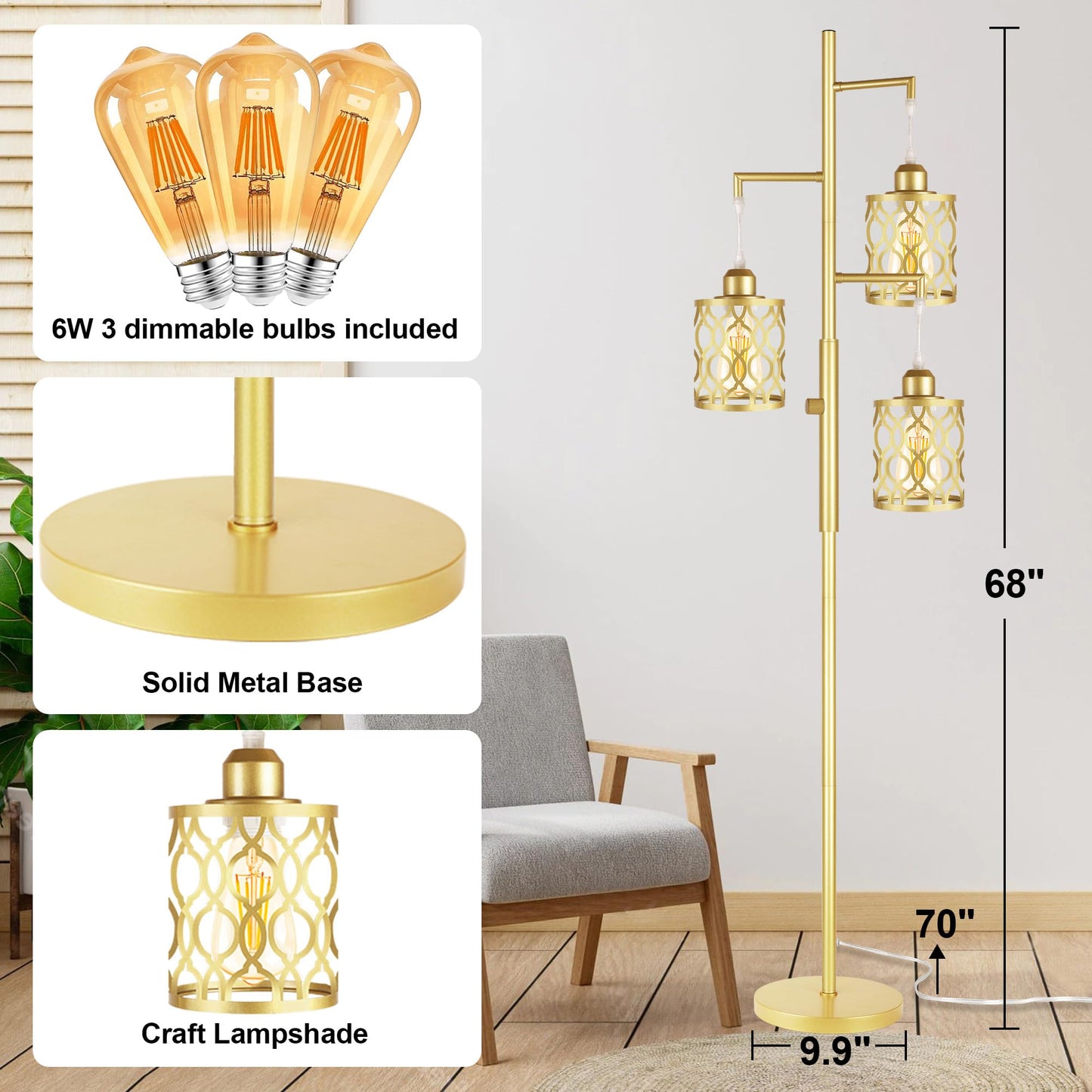 Rottogoon 68 Dimmable Gold Floor Lamp, 3-Light Rustic Design With Metal Shade, Includes 3X 6W E26 Bulbs, Model Rodlldd243