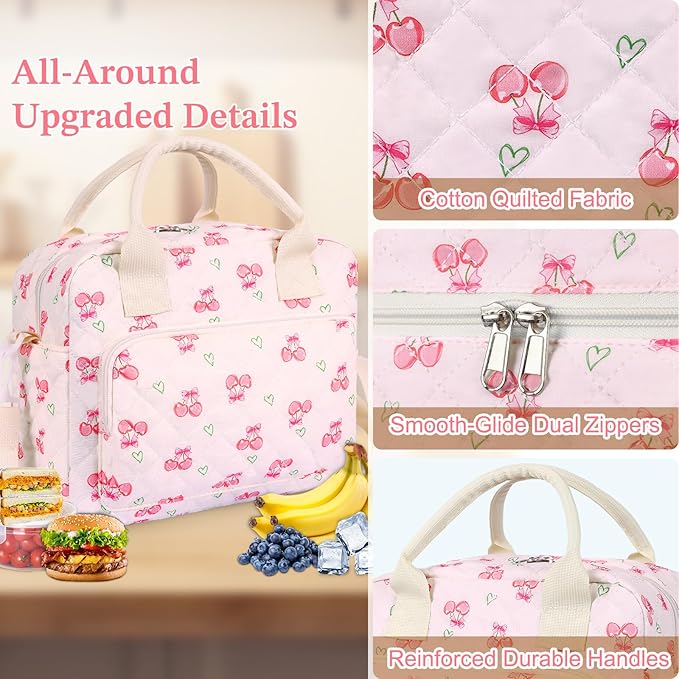 Quilted Lunch Box for Women,Large Pink Cherry Insulated Lunch Bag for Adult,Cute Lunch Tote Bags for Work Picnic Travel (pink charry heart,M)