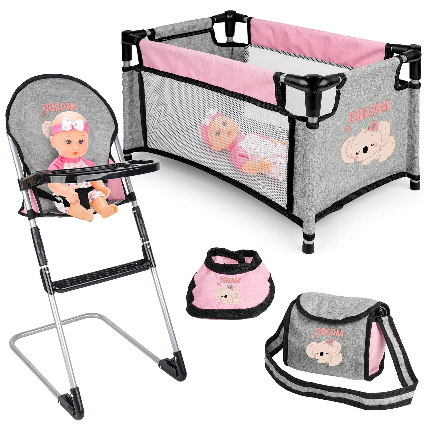 deAO Baby Doll Accessories Baby Doll Playset Furniture Set Baby Doll Crib High Chair Diaper Bag, Pretend Play Role Play Doll Accessories Set, Birthday Gifts for Kids Girl Boy