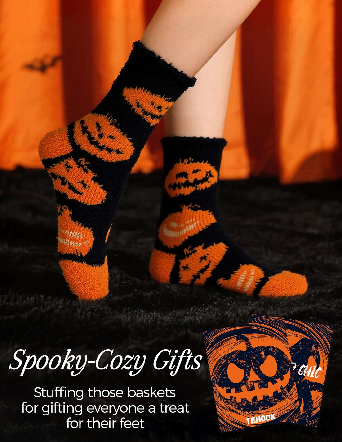 TEHOOK 4X Thicker & 2X Softer Halloween Fuzzy Socks for Boo Spooky Basket Stuffers - Cozy Fluffy Soft Warm Socks for Women Gifts (Size 6-12)