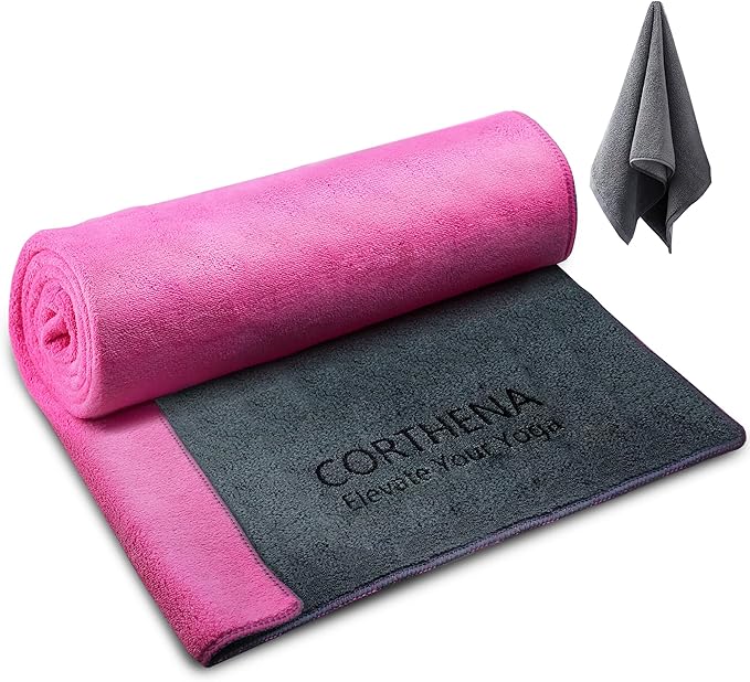 CORTHENA Yoga Mat Towel with Hand Towel, Extra Thick (600GSM) Soft Hot Yoga Towel, Non-Slip and Sweat Absorbent for Hot Yo...