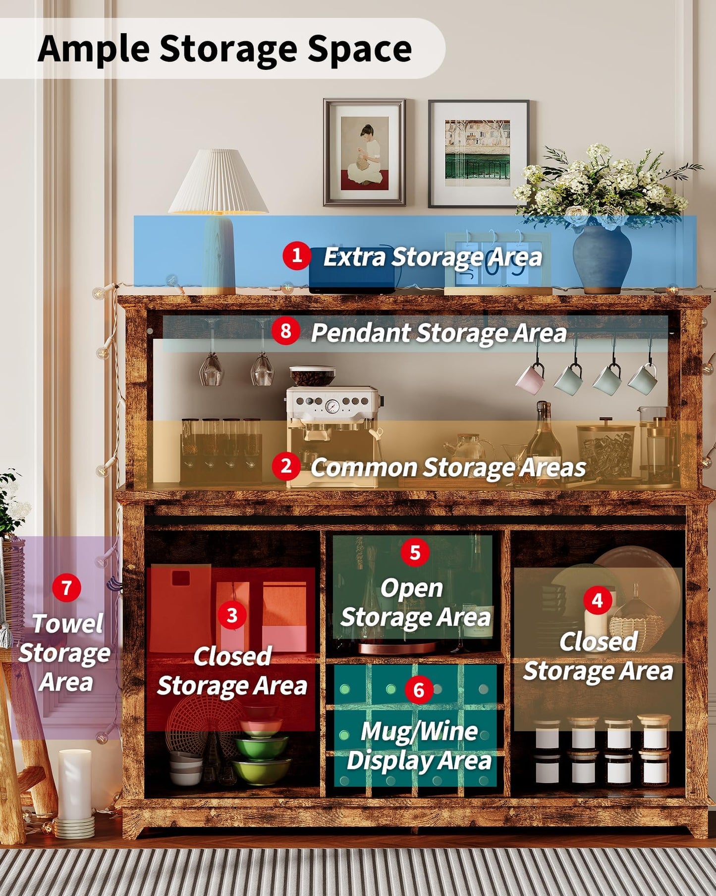 IDEALHOUSE 55" Farmhouse Coffee Bar Cabinet with Power Outlet & LED Light - Sliding Barn Door Buffet with Removable Wine Rack, 2-Tier Drawers, for Kitchen, Dining & Living Room, Brown