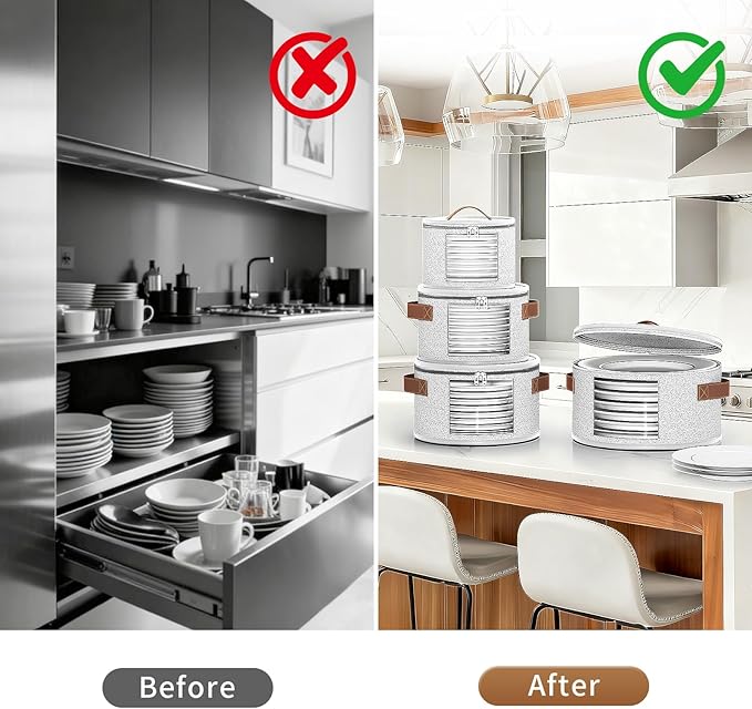 4 Piece Stemware Storage Containers, China Storage Containers with Clear Windows, Hard Shell Dish Storage with Handles for Dishes, Dinnerware, Plates, Light Gray