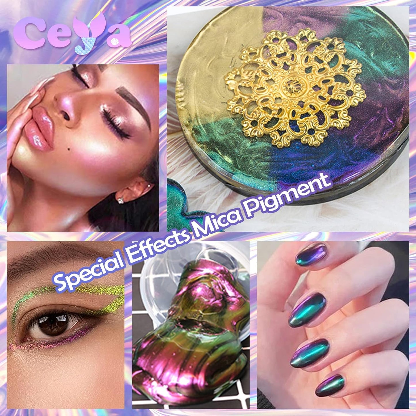 Ceya Chameleon Mica Powder, 1.8oz/ 50g Elven Eye Chrome Nail Powder, Cosmetic Grade Pearlescent Effect Color Shift Pigment for Epoxy Resin, Makeup, Nail Polish, Soap Dye, Candle Making, Craft