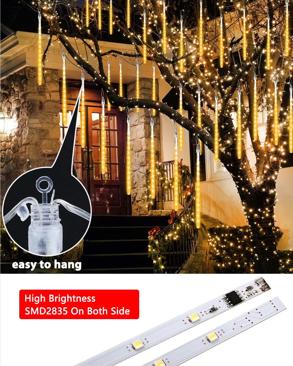 Flacchi Solar Icicle Lights - 20 Tubes 480 LED Cascading Raindrop, Waterproof Christmas Decorations, Warm White, Model YZ69SS002