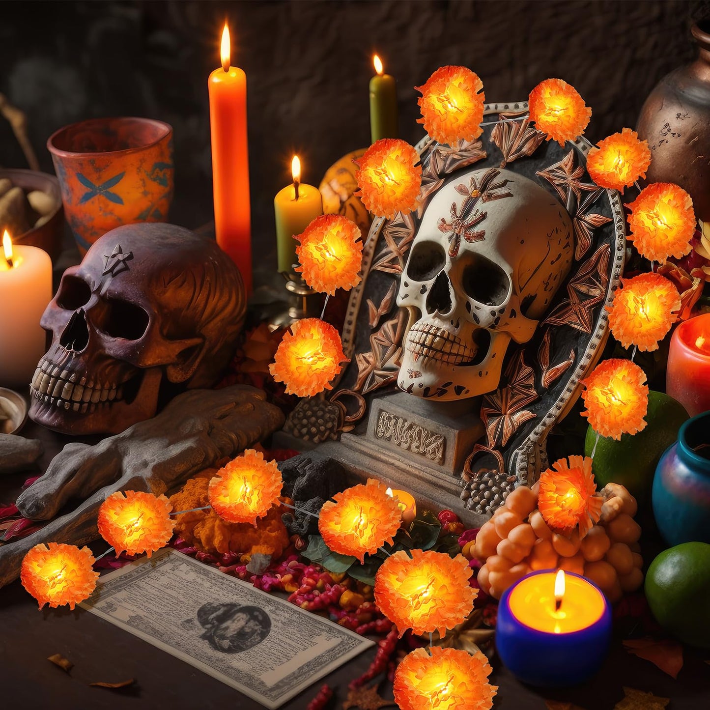 6 Pack Day Of The Dead Lighted Marigold Garland 10 Led Artificial Marigold Flowers String Lights Dia De Los Muertos Decorations For Halloween Diwali Indian Party (6  5 Ft 10 Led)