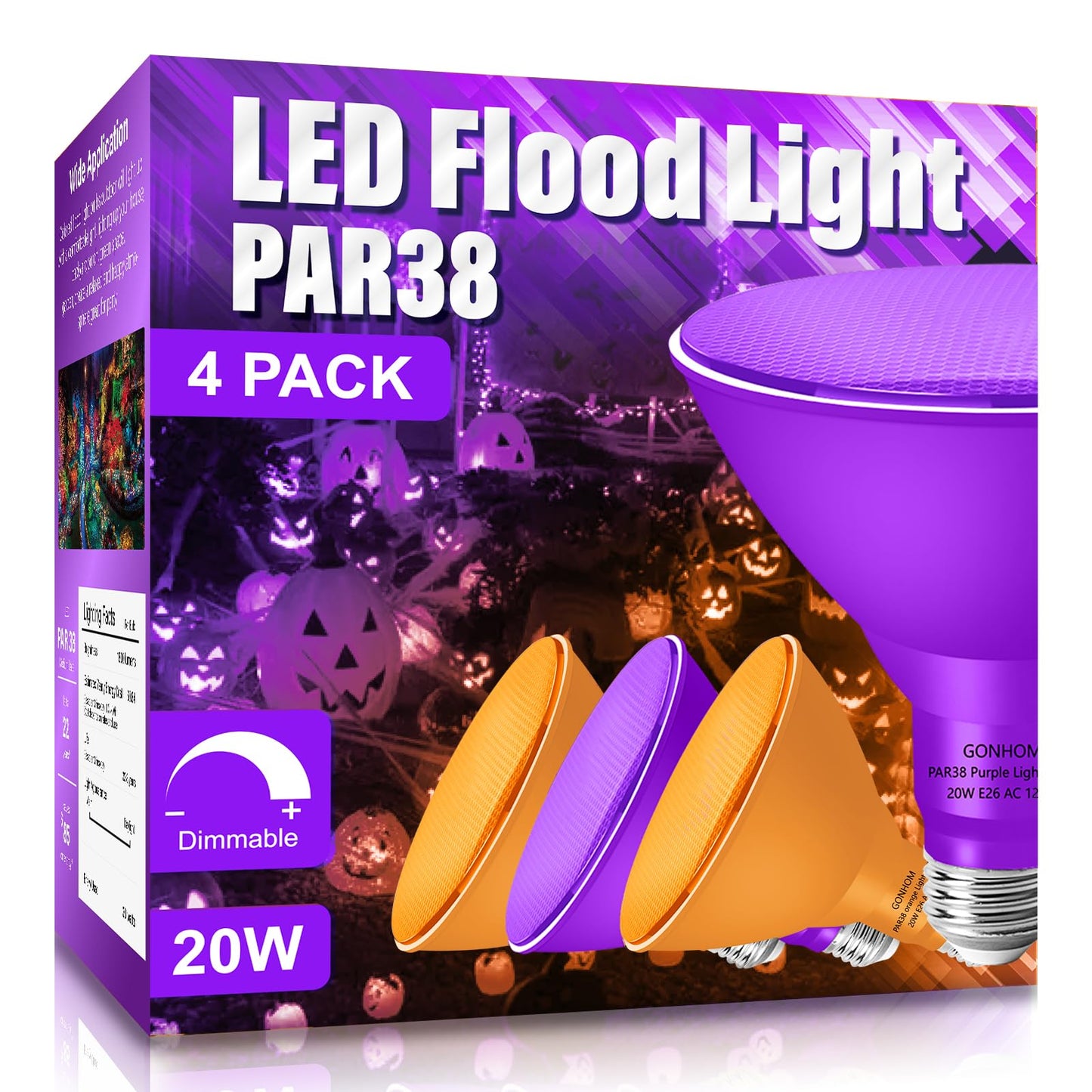 Gonhom Par38 Flood Lights Outdoor Dimmable Led Flood Light Bulbs 20W(Equivalent To 200W) E26 Base Outdoor Porch Holiday Lighting Led Flood Light Bulb For Halloween Christmas 4 Pack Orange Purple