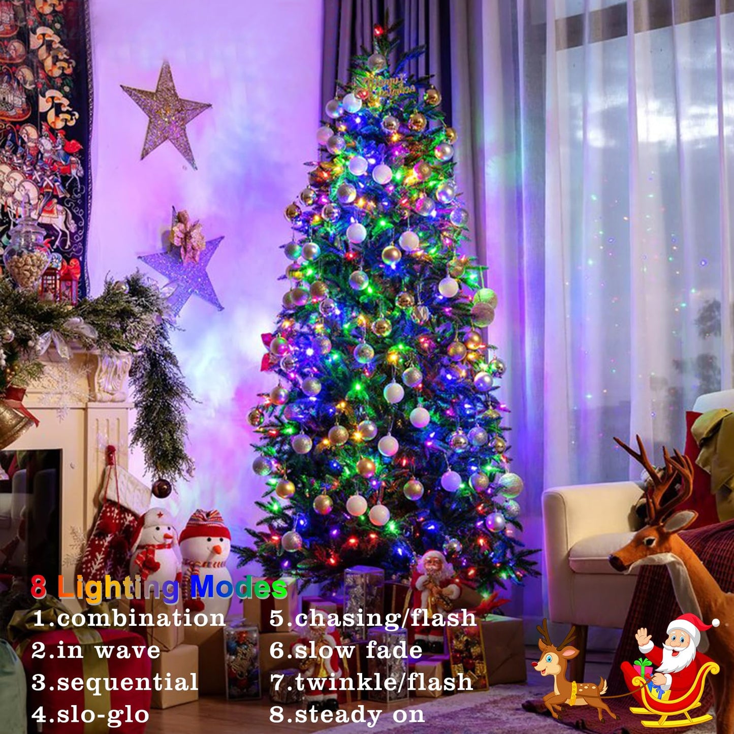 Echosari 100 Leds Outdoor Christmas String Lights - Battery Operated, Remote, Dimmable, 8 Modes, Multicolor, Plastic